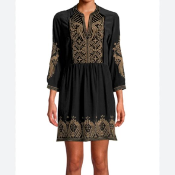 Johnny Was 100% Silk Embroidered Dress Black/Tan Himmel Boho Tunic Dress Medium - Picture 7 of 7